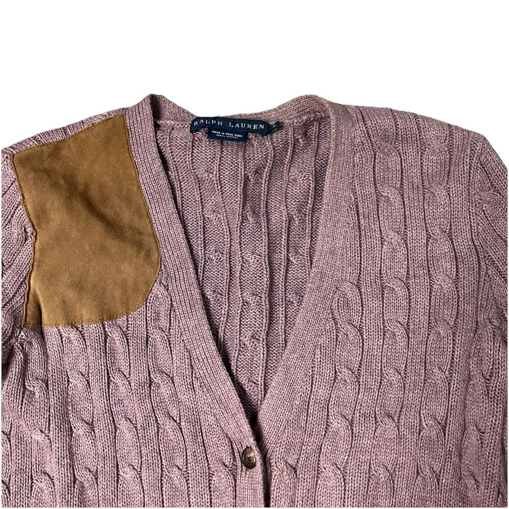 Ralph Lauren Purple Cable Knit Suede Shoulder Patch Cotton Cardigan